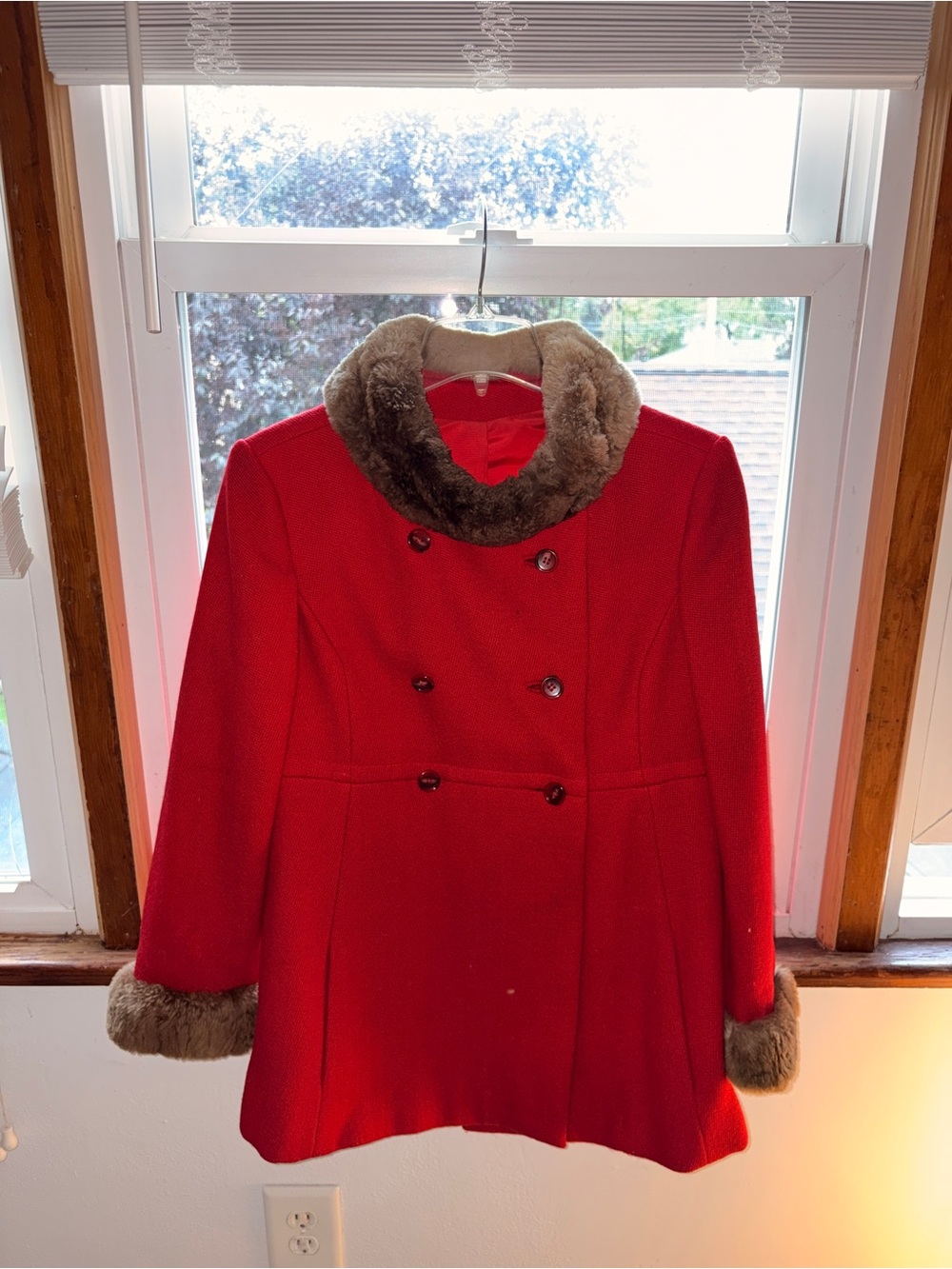 Classic Red Women's Wool Coat with Faux Fur Trim